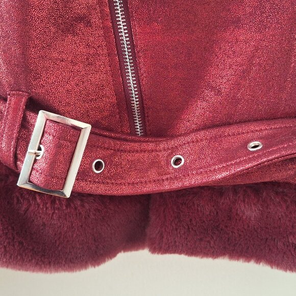 Wine Burgundy soft stretch foiled faux fur cropped moto jacket Women's Large NWT - Picture 3 of 6